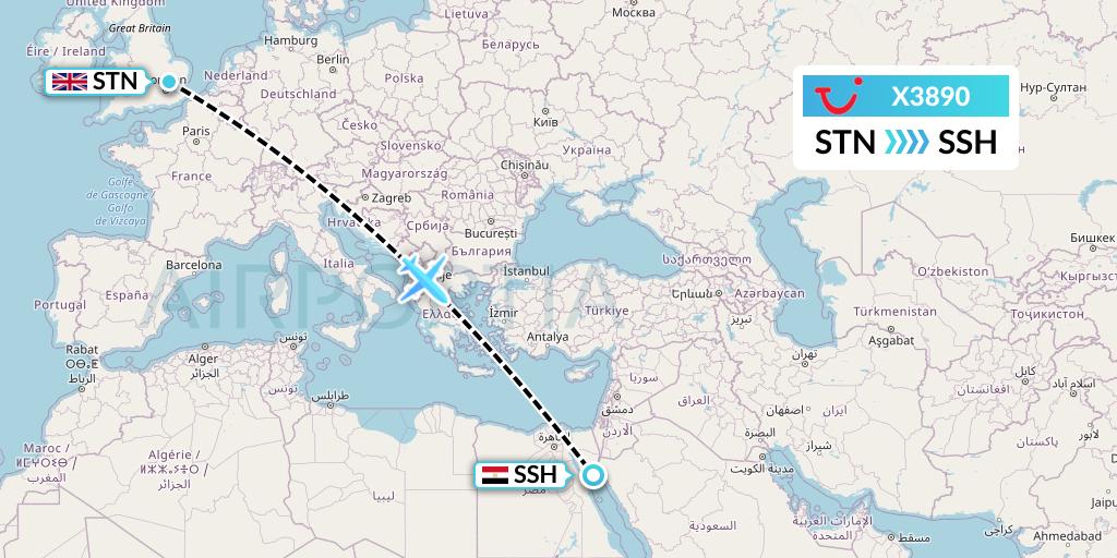 X3890 TUI fly Germany Flight Map: London to Sharm el-Sheikh