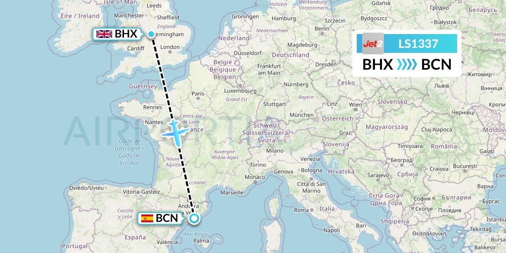 LS1337 Jet2 Flight Map: Birmingham to Barcelona