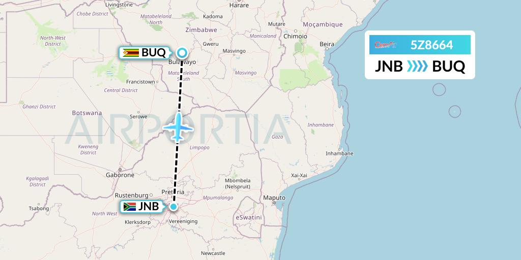 5Z8664 CemAir Flight Map: Johannesburg to Bulawayo