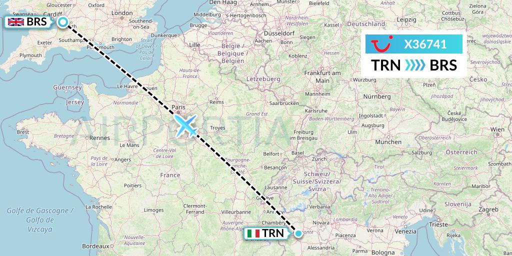 X36741 TUI fly Germany Flight Map: Turin to Bristol