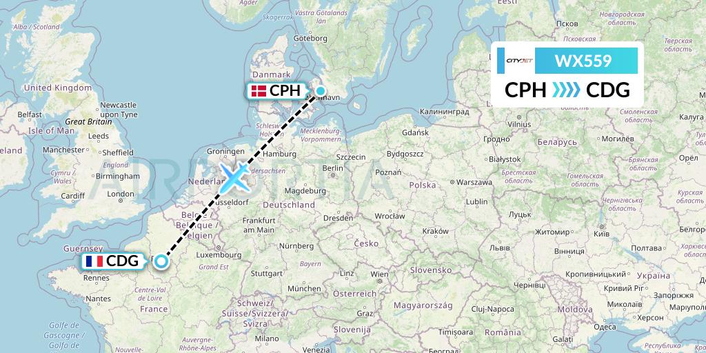 WX559 Cityjet Flight Map: Copenhagen to Paris