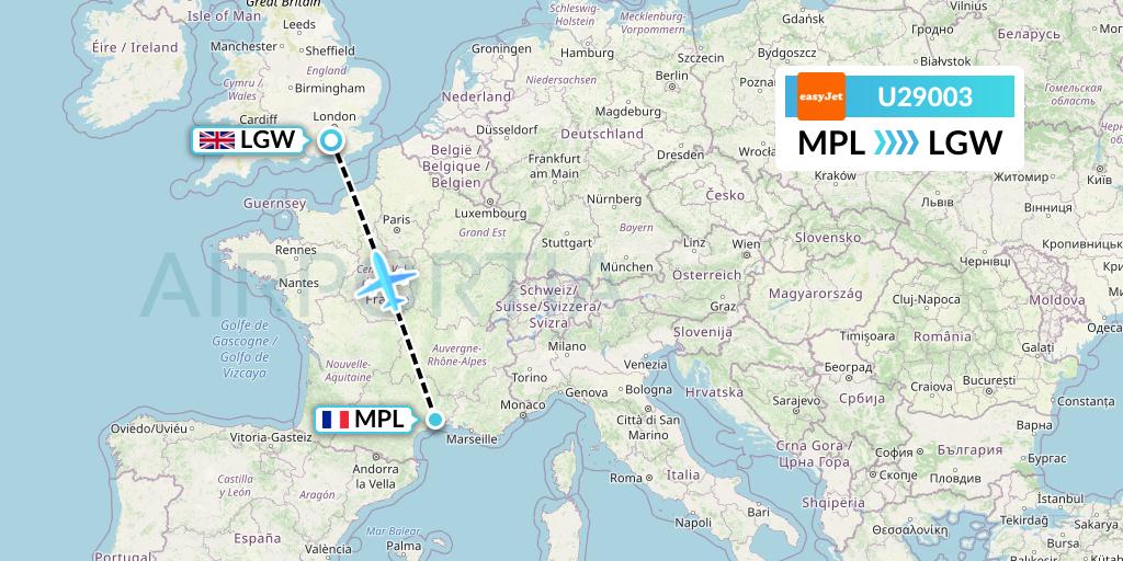 U29003 EasyJet Flight Map: Montpellier to London