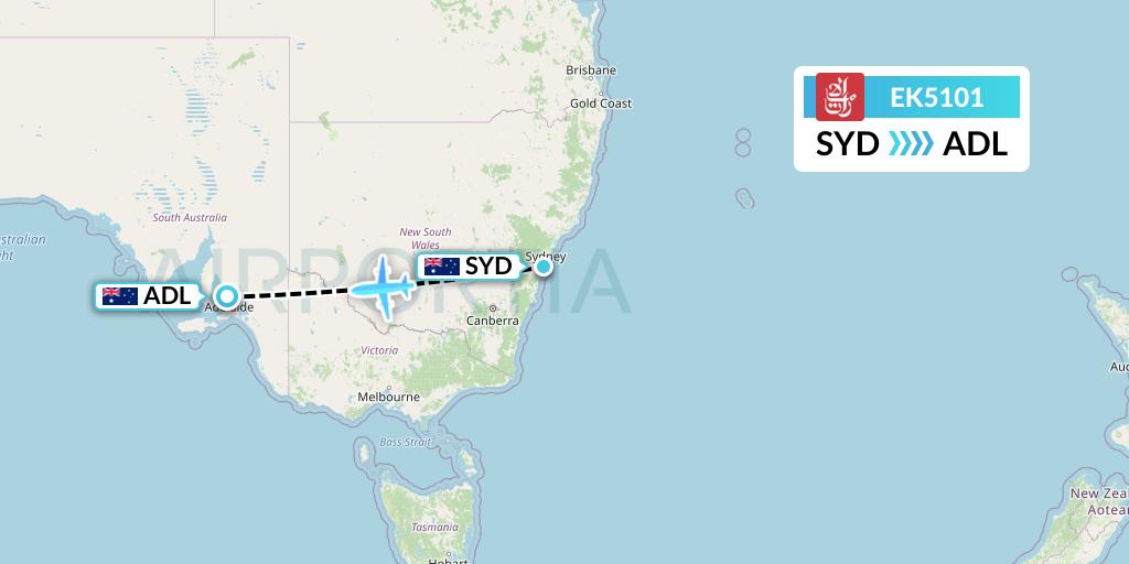 EK5101 Emirates Flight Map: Sydney to Adelaide