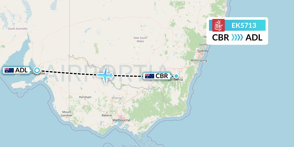 EK5713 Emirates Flight Map: Canberra to Adelaide