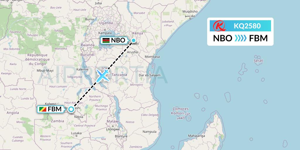 KQ2580 Kenya Airways Flight Map: Nairobi to Lubumbashi
