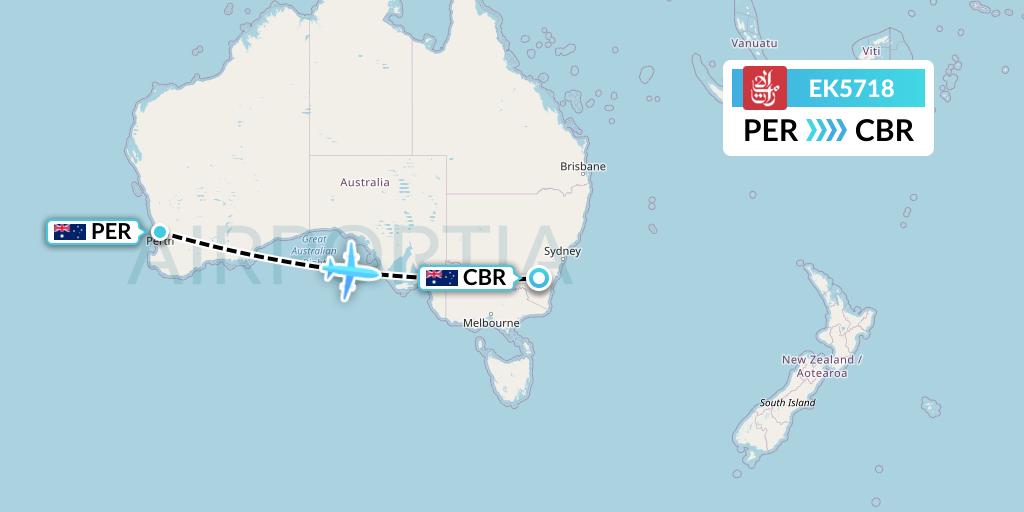 EK5718 Emirates Flight Map: Perth to Canberra