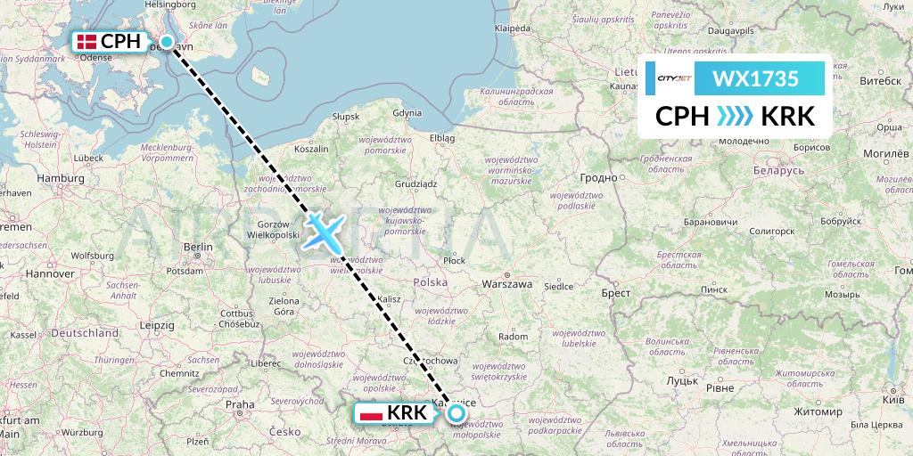 WX1735 Cityjet Flight Map: Copenhagen to Krakow