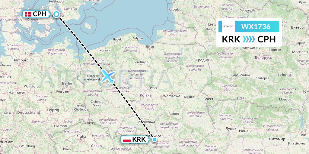 WX1736 Cityjet Flight Map: Krakow to Copenhagen