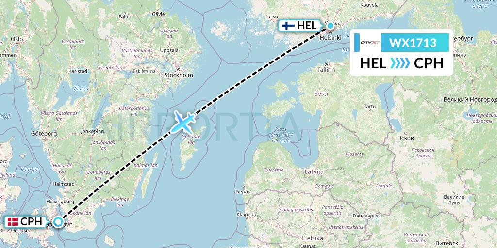 WX1713 Cityjet Flight Map: Helsinki to Copenhagen