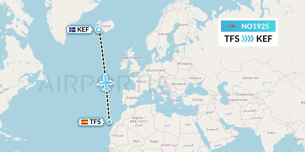 NO1925 Neos Flight Map: Tenerife to Reykjavik