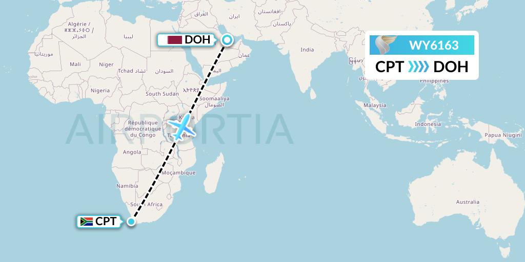 WY6163 Oman Air Flight Map: Cape Town to Doha