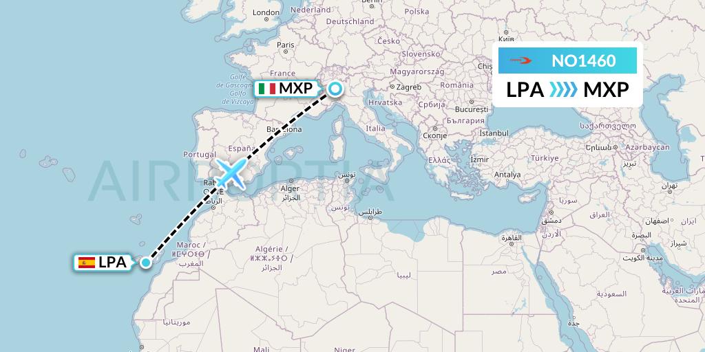 NO1460 Neos Flight Map: Las Palmas to Milan