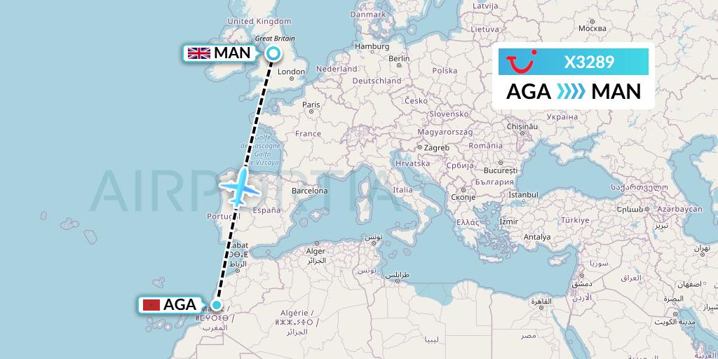 X3289 TUI fly Germany Flight Map: Agadir to Manchester