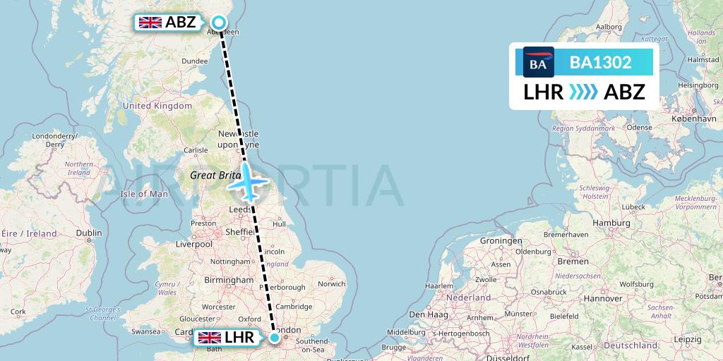 BA1302 British Airways Flight Map: London to Aberdeen