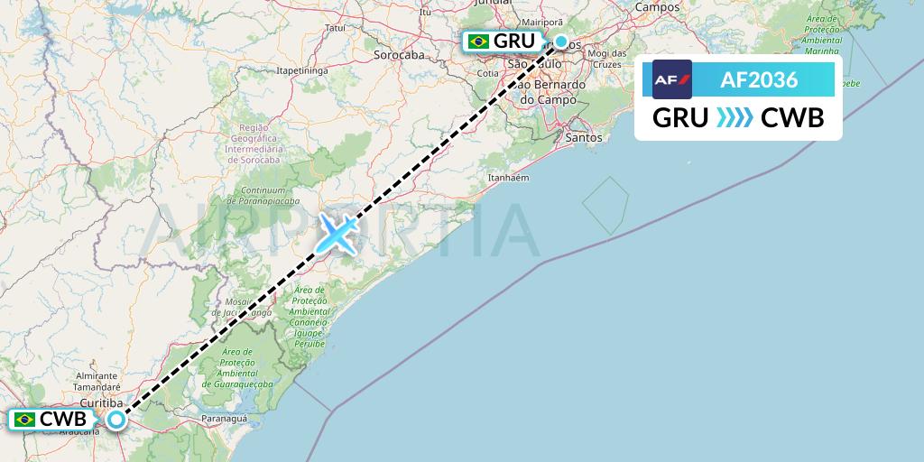 AF2036 Air France Flight Map: Sao Paulo to Curitiba