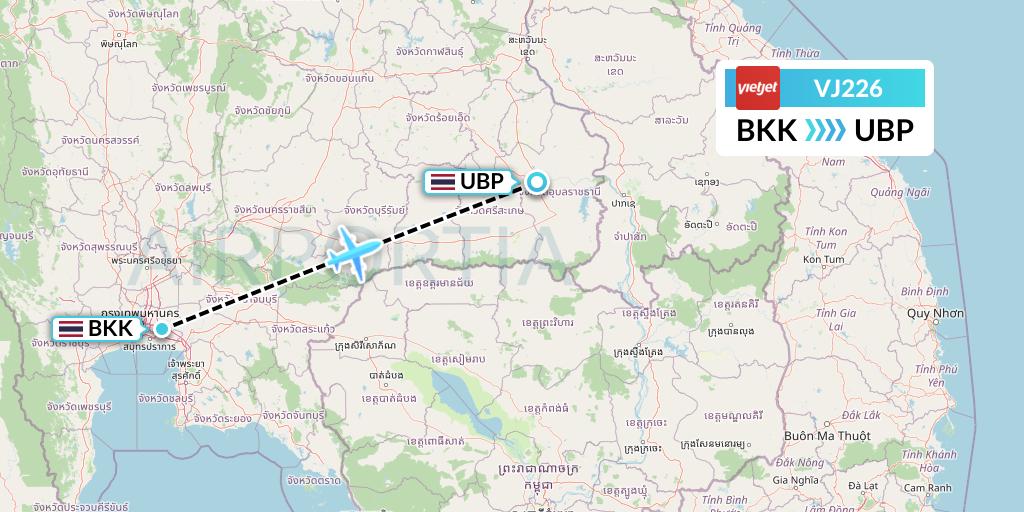 VJ226 VietJet Air Flight Map: Bangkok to Ubon Ratchathani