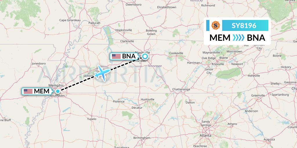 SY8196 Sun Country Airlines Flight Map: Memphis to Nashville