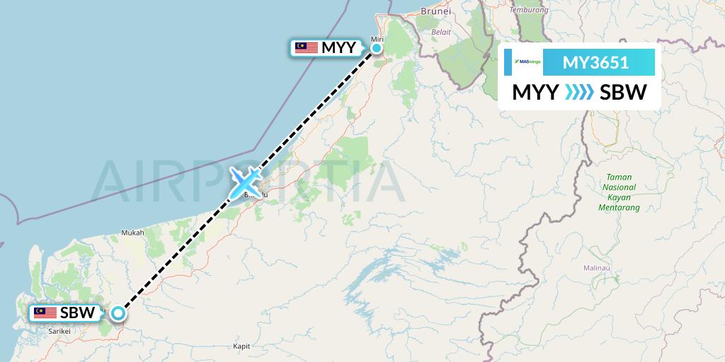 MY3651 MASwings Flight Map: Miri to Sibu