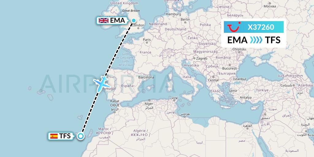 X37260 TUI fly Germany Flight Map: East Midlands to Tenerife