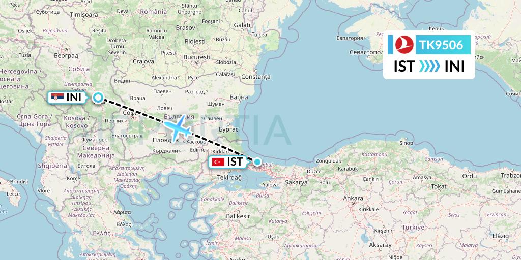 TK9506 Turkish Airlines Flight Map: Istanbul to Nis