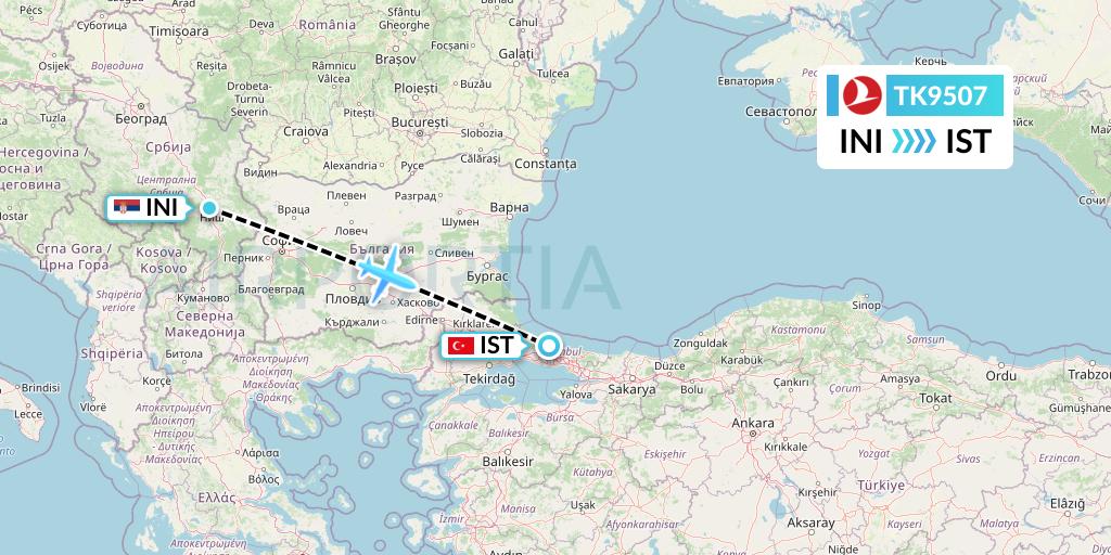 TK9507 Turkish Airlines Flight Map: Nis to Istanbul
