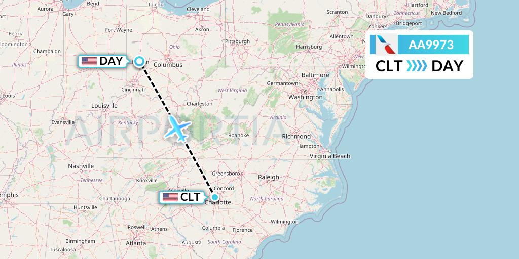 AA9973 American Airlines Flight Map: Charlotte to Dayton