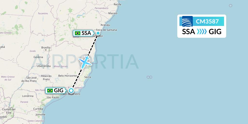 CM3587 Copa Airlines Flight Map: Salvador to Rio de Janeiro