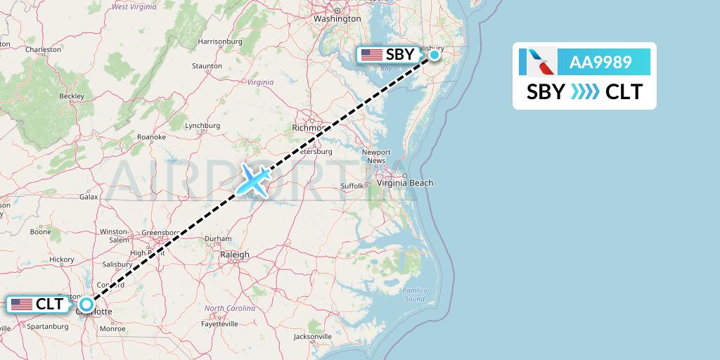 AA9989 American Airlines Flight Map: Salisbury to Charlotte