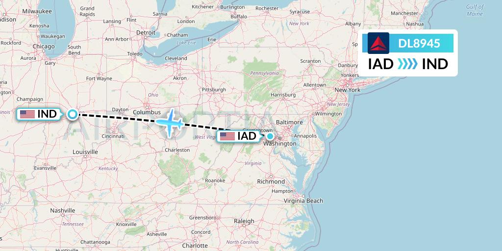 DL8945 Delta Air Lines Flight Map: Washington to Indianapolis