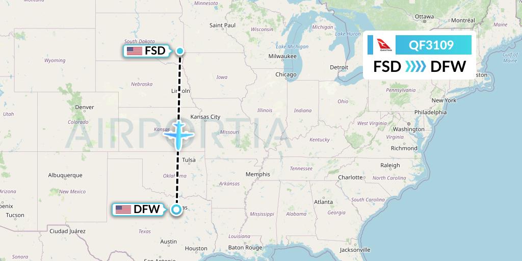 QF3109 Qantas Flight Map: Sioux Falls to Dallas