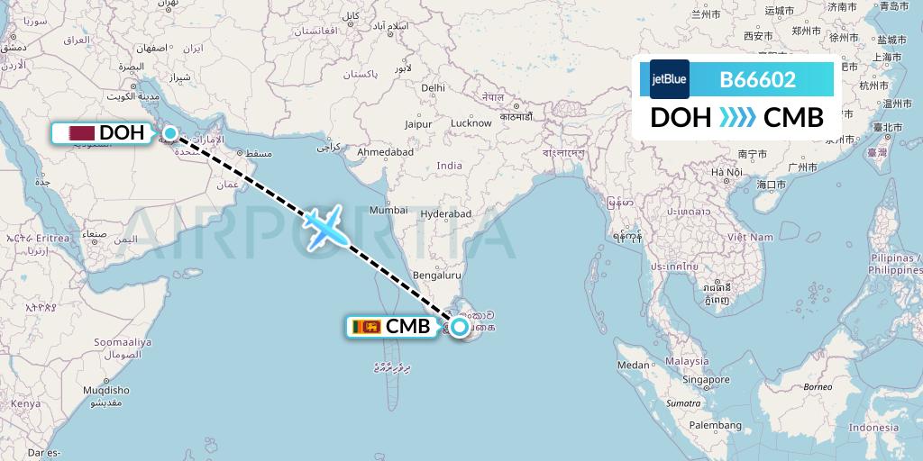 B66602 JetBlue Airways Flight Map: Doha to Colombo