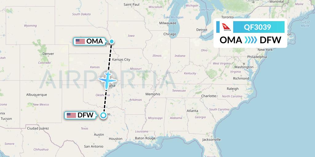 QF3039 Qantas Flight Map: Omaha to Dallas