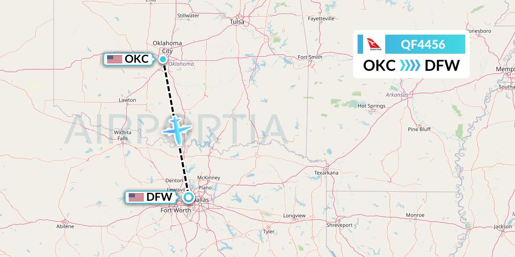 QF4456 Qantas Flight Map: Oklahoma City to Dallas