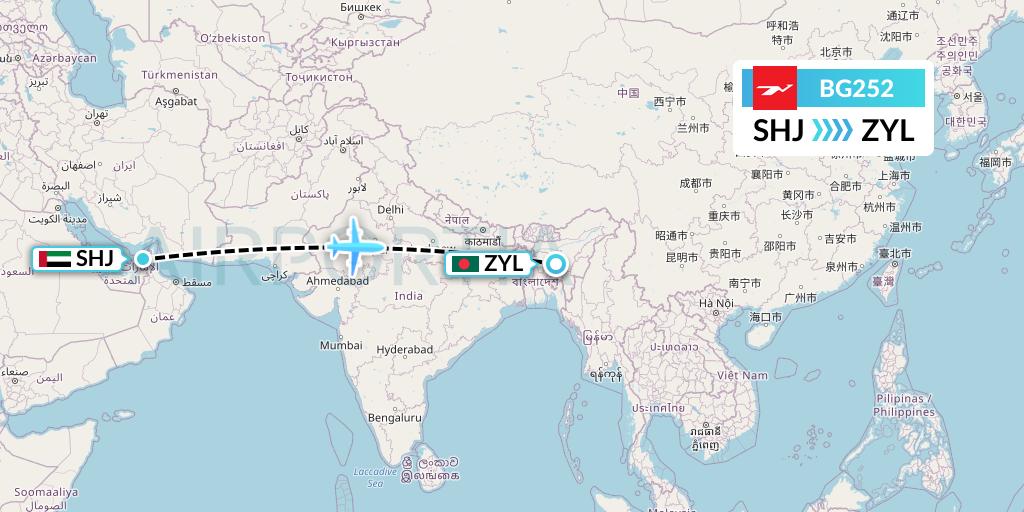BG252 Biman Bangladesh Airlines Flight Map: Sharjah to Sylhet