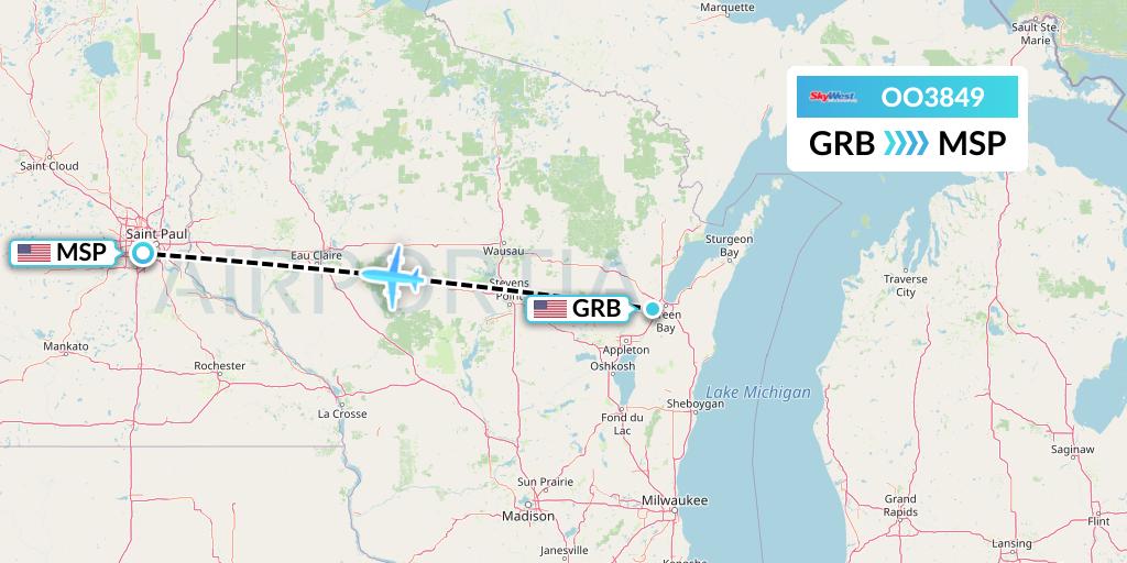 OO3849 SkyWest Airlines Flight Map: Green Bay to Minneapolis