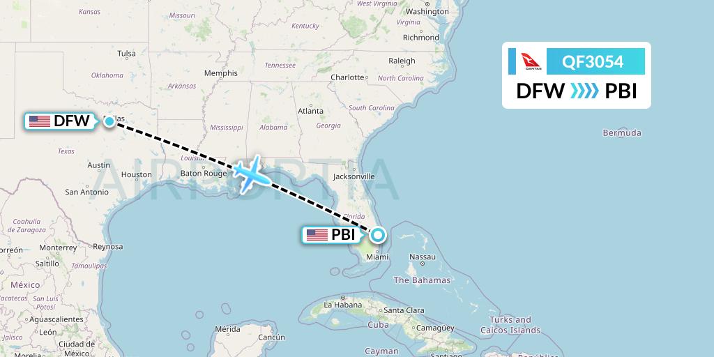 QF3054 Qantas Flight Map: Dallas to West Palm Beach