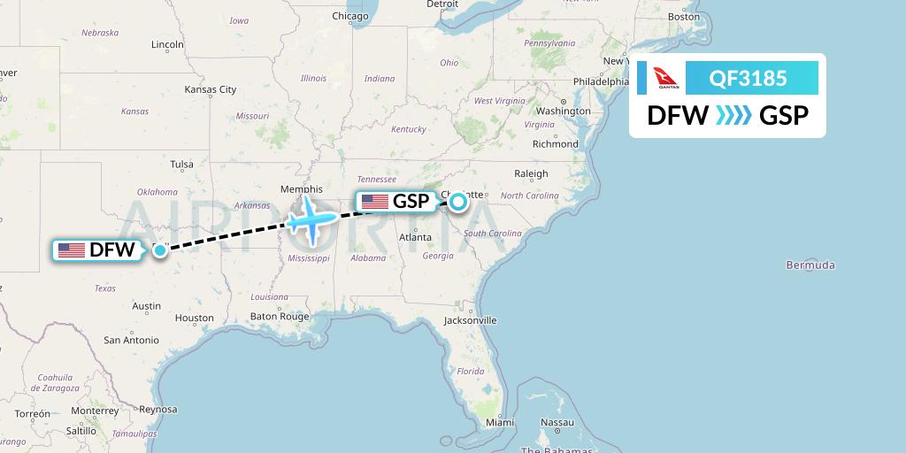 QF3185 Qantas Flight Map: Dallas to Greenville-Spartanburg
