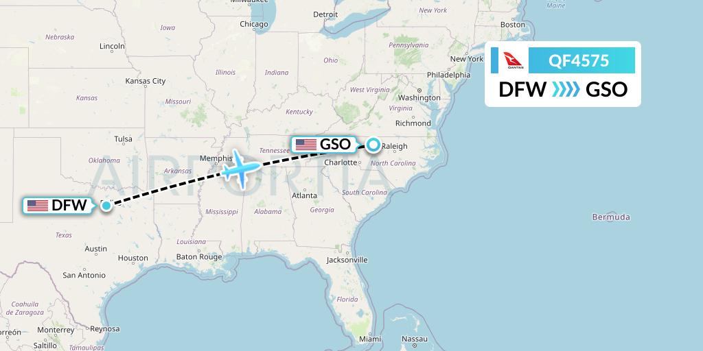 QF4575 Qantas Flight Map: Dallas to Greensboro