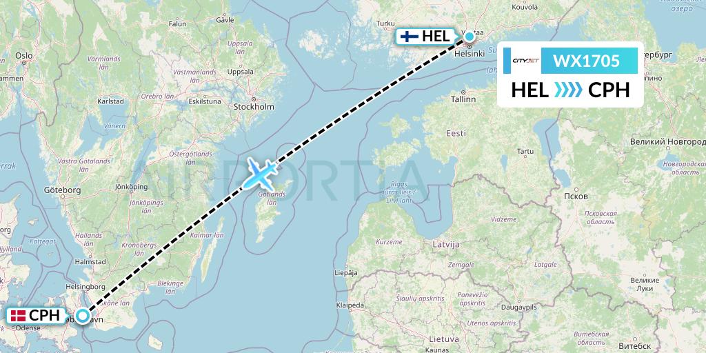 WX1705 Cityjet Flight Map: Helsinki to Copenhagen