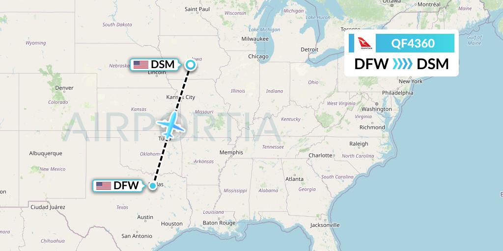 QF4360 Qantas Flight Map: Dallas to Des Moines