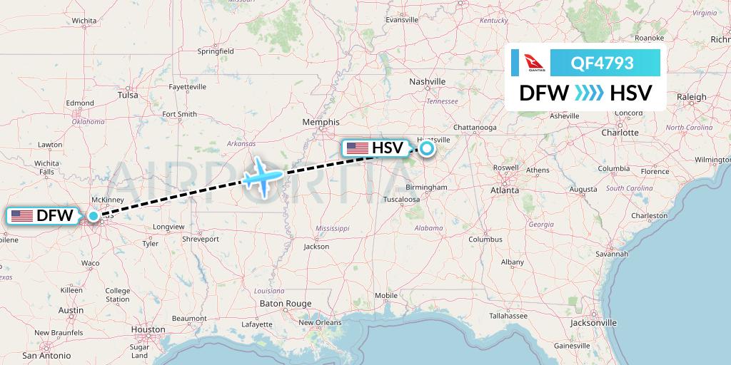 QF4793 Qantas Flight Map: Dallas to Huntsville