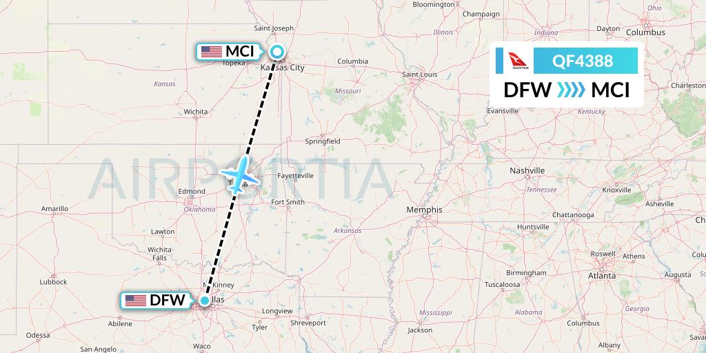 QF4388 Qantas Flight Map: Dallas to Kansas City