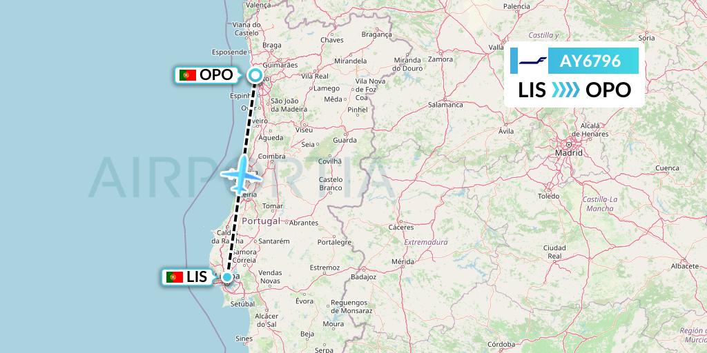 AY6796 Finnair Flight Map: Lisbon to Porto