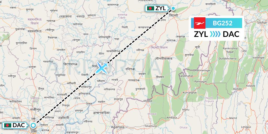 BG252 Biman Bangladesh Airlines Flight Map: Sylhet to Dhaka