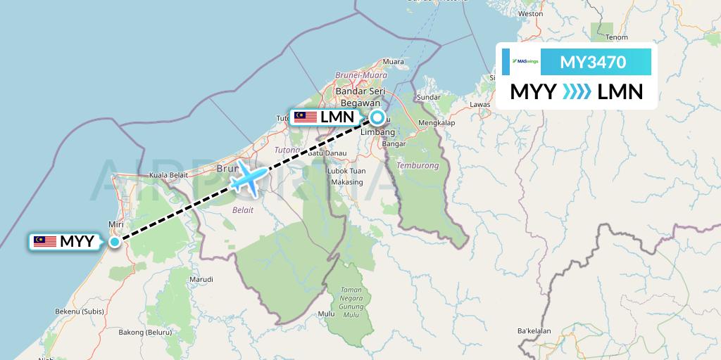 MY3470 MASwings Flight Map: Miri to Limbang