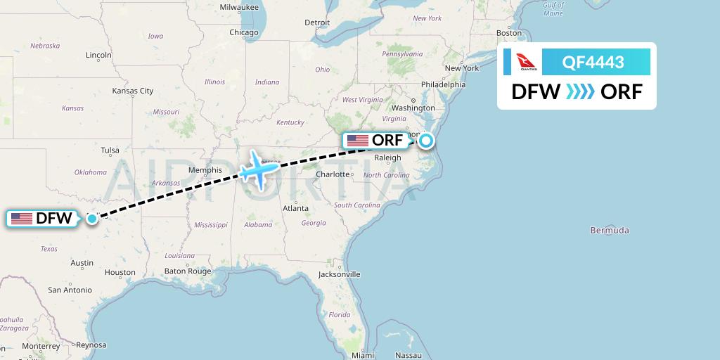 QF4443 Qantas Flight Map: Dallas to Norfolk