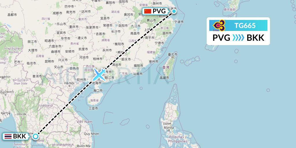 TG665 Thai Airways Flight Map: Shanghai to Bangkok