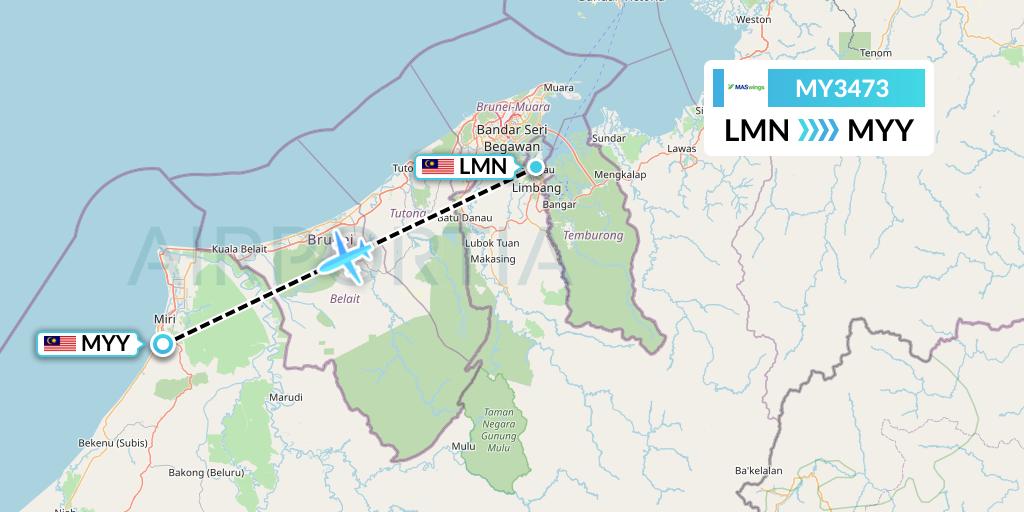 MY3473 MASwings Flight Map: Limbang to Miri
