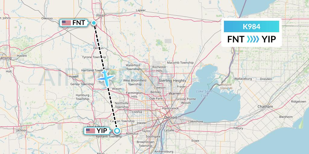 K984 Kalitta Charters Flight Map: Flint to Detroit