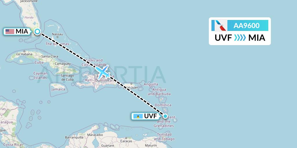 AA9600 American Airlines Flight Map: Vieux Fort to Miami